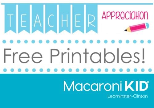 text reads Teacher Appreciation Printables from Macaroni KID Leominster-Clinton