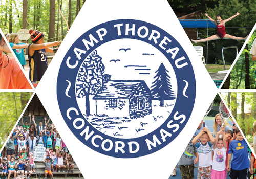 Camp Thoreau logo and children doing summer camp activities