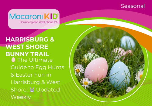 Colorful Easter eggs in grass with daisies, promoting the Harrisburg & West Shore Bunny Trail guide for local egg hunts and Easter events.