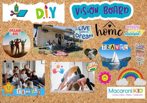 DIY Vision Board, image of family on top of a mountain, family RV camping, Bunny, sailboat travel, home, live your dream, enjoy every moment. family, yoga