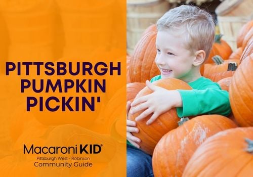 Blond haired little boy holding a pumpkin with an overlay that says Pittsburgh Pumpkin Pickin'