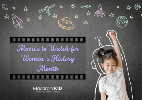 Movie to Watch for Womens History Month, image of a young girl ready to go off to space in front of a chalkboard background with space images drawn in colorful chalk