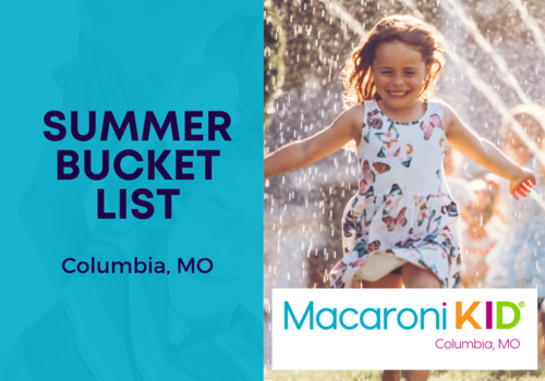summer bucket list for columbia mo with girl playing in a sprinkler