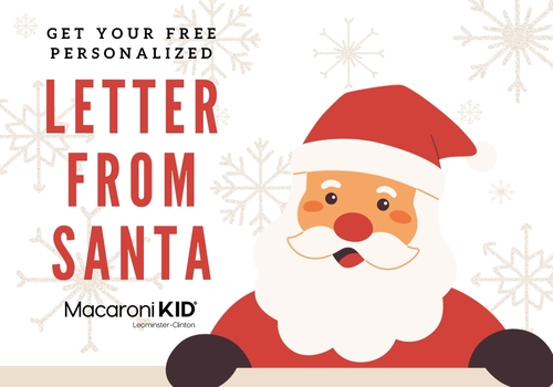 Text reads Get your free personalized LETTER FROM SANTA! and shows a santa cartoon with a snowflake backround