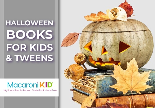 jack o'lantern on a pile of old books with text that says halloween books for kids & tweens and macaroni kid douglas county logo