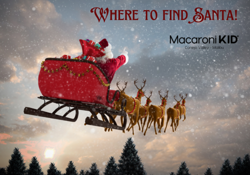Santa on his sleight flying through the sky.  Where to find Santa in Conejo Valley - Malibu - Calabasas
