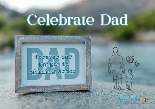 Celebrate Day with an outdoor background, green hills behind water with a wood framed sign sitting on a rock that reads Dad forever our knight in shining armor.Outline drawing of a father and child
