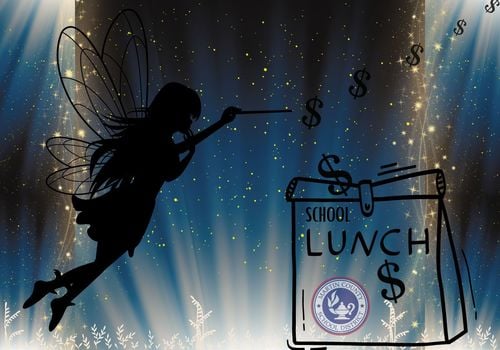 Fairy silhouette with wand in hand, waving away dollars from school lunch bag