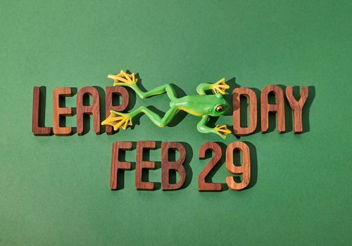 Green background with Leap Day Feb 29 wood words and frog