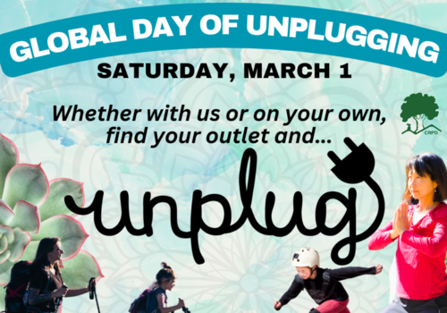 CRPD Global Day of Unplugging - Saturday March 1, Whether with us or on your own, find your outlet and unplug, images of a succulent, woman hiking, kids playing and skateboarding, Woman doing tai chi