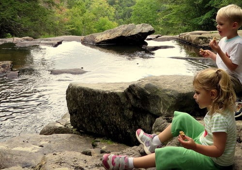 kids, picnic, waterfall, river, mountains, glendale falls