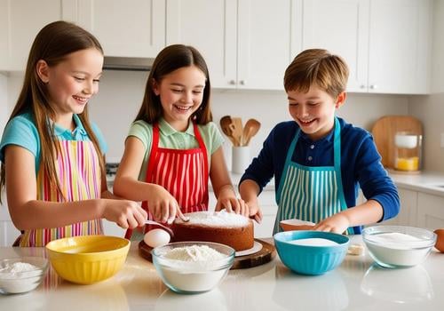 three kids cooking and smiling