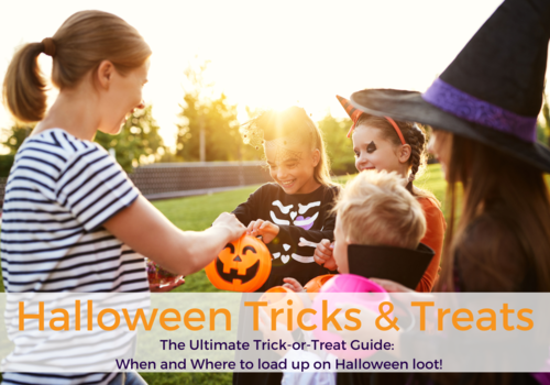 Woman handing out candy to four kids in costumes. Halloween Ticks and Treats. Where and when to find all the Halloween happenings in the South Hills of Pittsburgh.