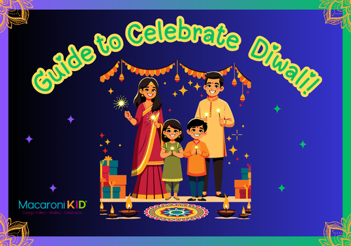 Guide to Celebrate Diwali: image of a family, two parents, boy and a girl wearing traditional clothing and surrounded by traditional items