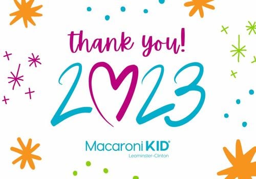 Text reads thank you! 2023, shows the macaroni kid logo and cartoon stars and dots