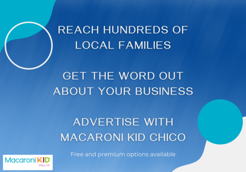 Reach hundreds of local families, get the word out about your business, advertise with Macaroni KID Chico. Blue and white abstract background.