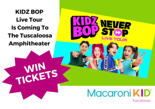 Green and white background, KIDZ BOP press release image, KIDZ BOP Live Tour is coming to the Tuscaloosa Amphitheater