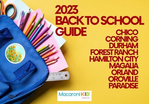 Backpack overflowing with school supplies, article title, towns list