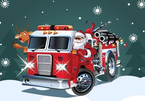 Santa and Rodolph driving a fire truck