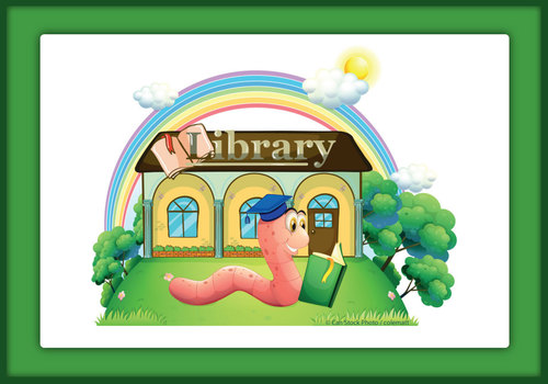 a cartoon of bookworm reading a book in front of a library