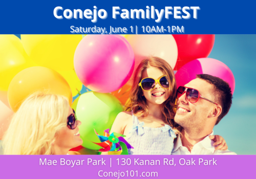 Mom and dad holding daughter all smiling with colorful balloons behind them. Conejo FamilyFEST, Saturday, June 1 | 10am-1pm, Mae Boyar Park, 130 Kanan Rd, Oak Park Conejo101.com