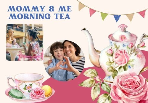 Pink & White teapot & tea cup with Moms & Kids in frame cutouts