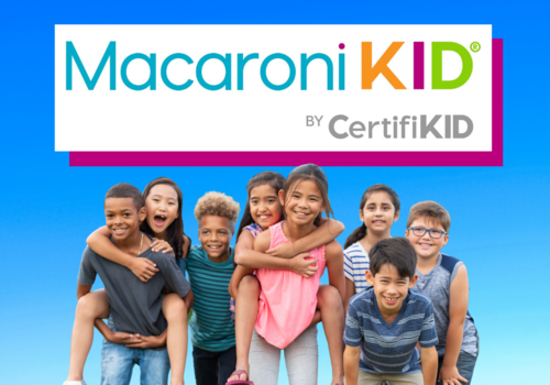 Group of kids with Macaroni KID logo