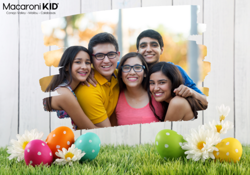 Photo of Teens  over a colorful easter background with grass colorful eggs with white polka dots and daisies
