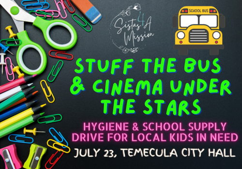 stuff the bus and cinema under the stars macaroni kid charity school supply drive project touch murrieta school district temecula school district family fun events old town temecula face painting
