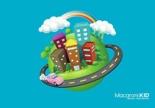 Cartoon pink beetle bug driving on a circular road that goes around a neighborhood there are clouds and a rainbow.