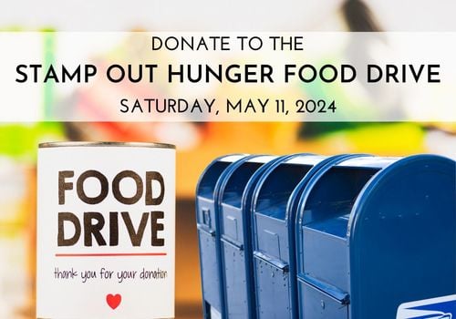 Shows a row of mailboxes with a text that reads donate to the stamp out hunger food drive, may 11, 2024