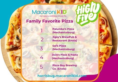 An image showcasing the top five family-favorite pizza places in Harrisburg & West Shore, as voted by local families. Featuring Palumbo’s, Jigsy’s BrewPub, Sal’s, JoJo’s, & Pizza Boy Brewing Co.