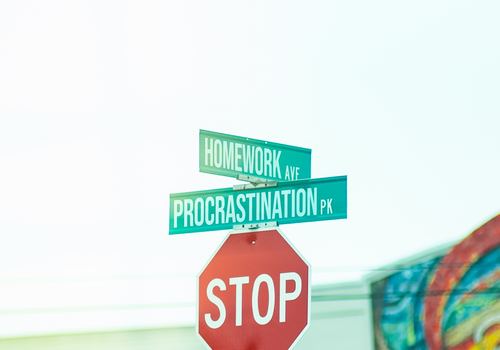 Stop sign and street signs reading Homework and Procrastination