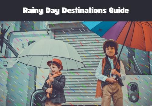 2 boys holding umbrellas surrounded by colorfully illustrated rain