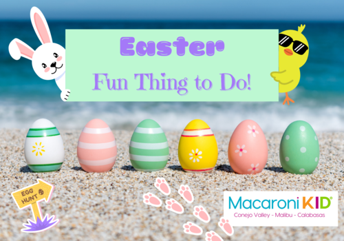bunny and a chick with sunglasses holding a sign: Easter fun things to do. Decorated Easter Eggs on the beach near the water and and Egg hunt sign