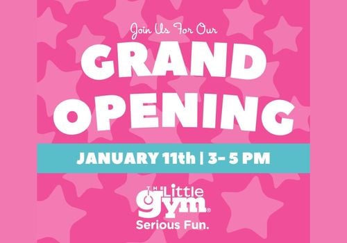 Pink background with stars and text that reads The Little Gym, Leominster Grand Opening, January 11 3-5p