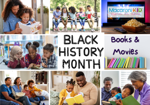 Black History Month books and movies with images of kids reading and being read to, a book shelf and a TV