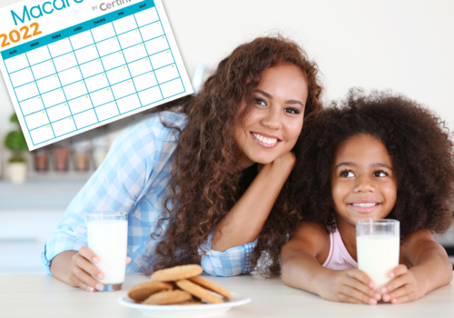 Mother and Daughter with plate of cookies and glasses of  milk