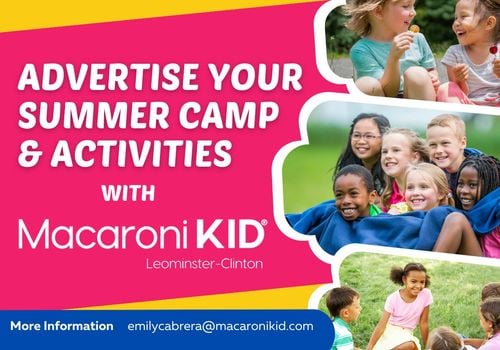 text reads Advertise your summer camp and activities with macaroni kid leominster clinton, shows photos of groups of kids outside