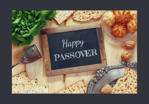 Happy Passover on table of Passover foods
