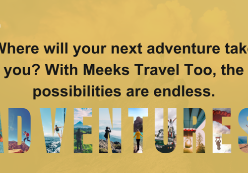 a picture of different vacation spots in pale yellow with Meeks Travel Too logo of a family with luggage in sunset.