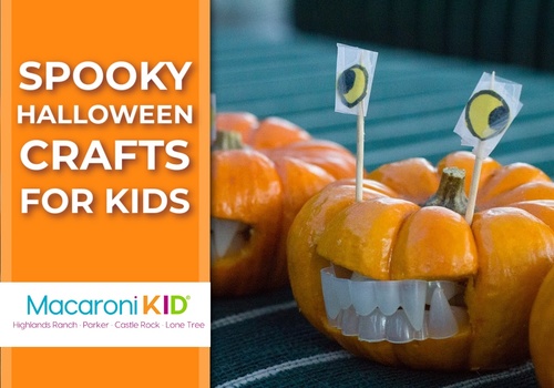 a decorated pumpkin with text that says spooky halloween crafts for kids and has the macaroni kid douglas county logo