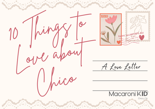 10 Things to Love About Chico title image resembles an envelope with stamps and embellishments