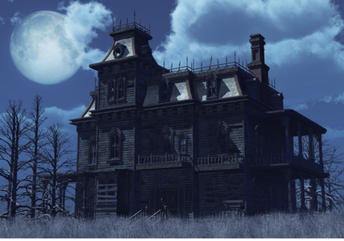 An old abandoned, boarded up house sits surrounded by dry weeds on a moonlit night - 3D render.