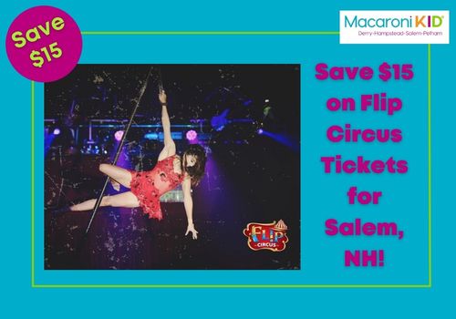 Save $15 on Flip Circus Tickets for Salem, NH, woman in red outfit hanging off a tilted pole