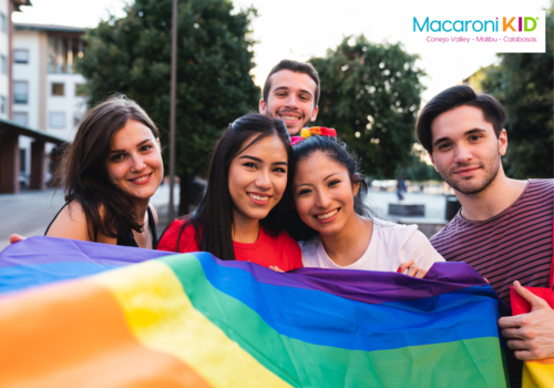 mix of young adults holding a rainbow flag outside