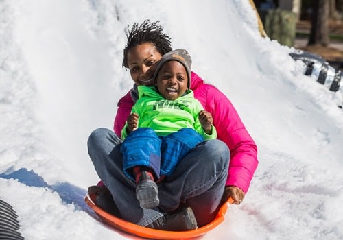mother, child, sledding, snow, hill