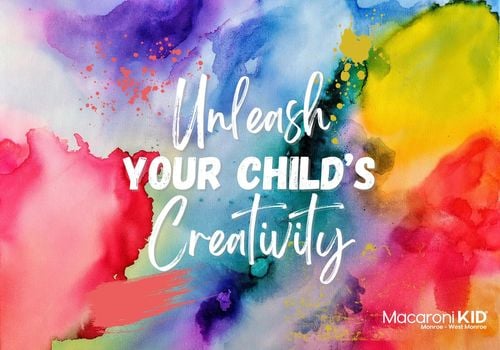 Paint splashed that is many different colors. Words say unleash your child's creativity.