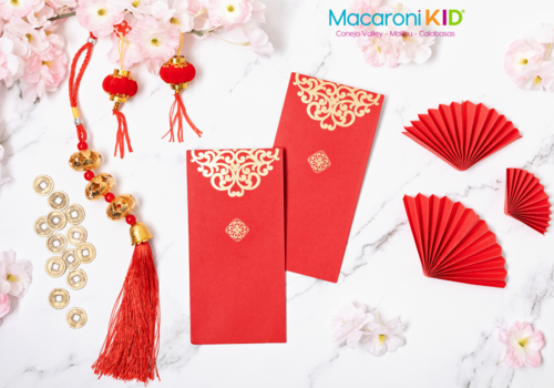 Red Envelopes Lunar New Year, coins and cherry blosoms