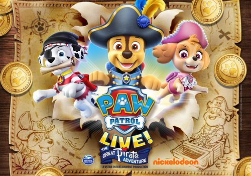 PAW Patrol Live! with Pups bursting from treasure map, surrounded by gold coins